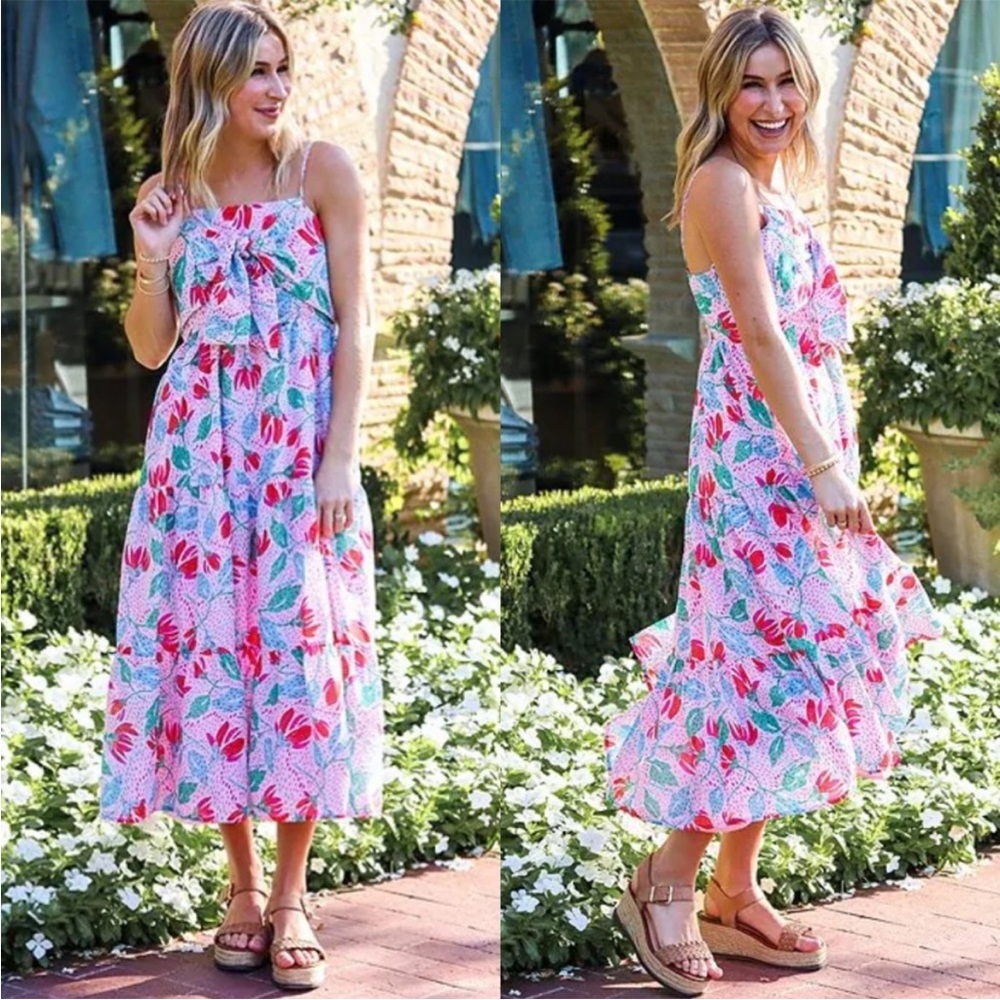 J. MARIE claire bow midi pink floral spring dress Large NWOT